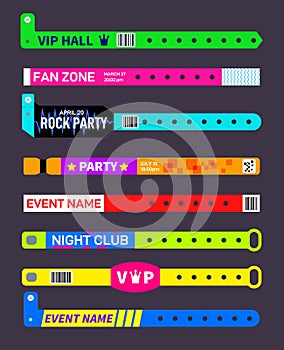 Event bracelets. Party festival entrance paper wristbands. Concert invitation ticket mockup. Music entertainments entry