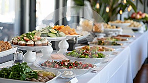 event catering buffet, long tables draped in white tablecloths showcase a selection of dishes in an elegant buffet setup photo