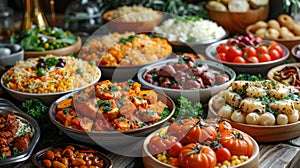 event catering service, a selection of scrumptious dishes elegantly displayed on the catering service table, ideal for photo