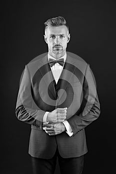 Event host wear bow tie. sexy adult man in stylish tuxedo. male fashion and beauty. handsome man has graying unshaven