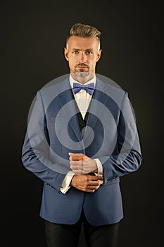 event host wear bow tie. sexy adult man in stylish tuxedo. male fashion and beauty. handsome man has graying unshaven