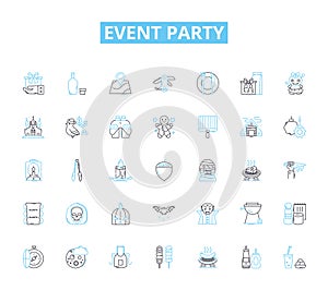 Event party linear icons set. Celebration, Festivity, Gathering, Banquet, Extravaganza, Revelry, Socializing line vector