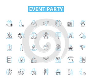 Event party linear icons set. Celebration, Festivity, Gathering, Banquet, Extravaganza, Revelry, Socializing line vector photo