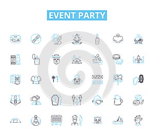 Event party linear icons set. Celebration, Festivity, Gathering, Banquet, Extravaganza, Revelry, Socializing line vector photo