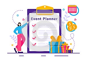 Event Planner Vector Illustration with Planning Schedule, Time Management, Business Agenda and Calendar Concept in Flat Cartoon