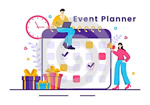 Event Planner Vector Illustration with Planning Schedule, Time Management, Business Agenda and Calendar Concept in Flat Cartoon
