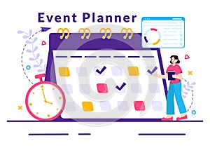 Event Planner Vector Illustration with Planning Schedule, Time Management, Business Agenda and Calendar Concept in Flat Cartoon