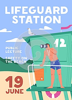 Event poster design of lifeguard training. Promotion template of lecture about rescue on water. Life guard observes with photo