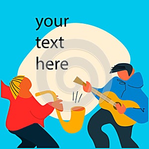 Event poster template with acoustic guitar and sax players making a performance. Ilustration in flat style