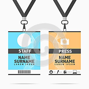 Event staff and press id cards set with lanyards. Design for badge holder templates