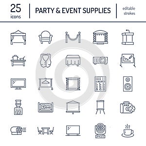 Event supplies flat line icons. Party equipment - stage constructions, visual projector, stanchion, flipchart, marquee photo