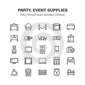 Event supplies flat line icons. Party equipment - stage constructions, visual projector, stanchion, flipchart, marquee photo