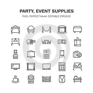 Event supplies flat line icons. Party equipment - stage constructions, visual projector, stanchion, flipchart, marquee