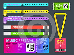 Event tickets, entrance bracelets and badge for access control. Music festival, show, concert or vip party wristband