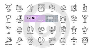 Event vector icons. Editable Stroke. Entertainment, party concert scenery, music video, wedding gifts, dancing, DJ. Food drinks,