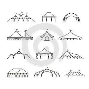 Event and wedding outdoor marquee tents vector line icons