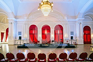 Events hall with stage prepared for classic music concert