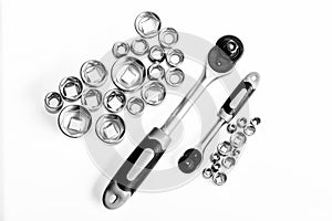 Evercare. socket wrench. perfect tool kit. Chrome Vanadium Steel. metallized fix equipment. socket wrench isolated on