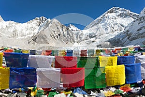 Everest base camp with rows of buddhist prayer flags