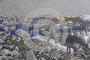 Everest Base Camp in Snow Storm. Himalaya Mountain Range.