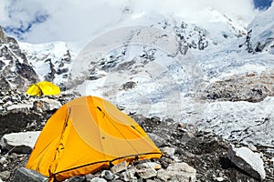 Everest Base Camp and tent in Himalaya Mountains photo