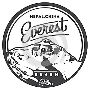 Everest in Himalayas, Nepal, China outdoor adventure badge. Chomolungma mountain illustration.