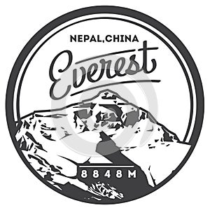 Everest in Himalayas, Nepal, China outdoor adventure badge. Chomolungma mountain illustration. photo