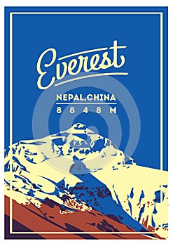 Everest in Himalayas, Nepal, China outdoor adventure poster. Chomolungma mountain illustration.