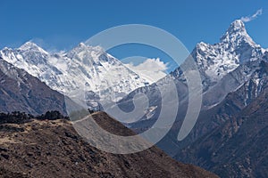 Everest, Lhotse and Ama Dablam mountain view, Namche Bazaar