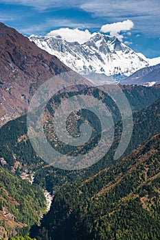 Everest, Lhotse, and Nuptse mountain peak view from Everest base camp trekking route, Himalaya mountains range in Nepal