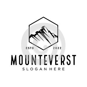 Everest Mountain logo Landscape Nature Outdoor Black Mountain Silhouette on White. Mountain Logo Emblem with Highest Peack