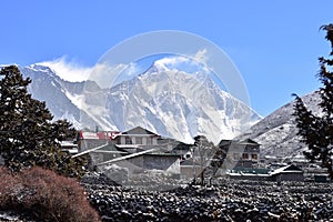 Everest mountain range from village of Pangboche, Himalaya,