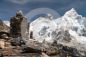 Everest and Nuptse from Kala Patthar with stone pyramids