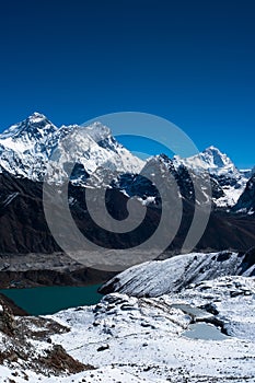 Everest, Nuptse, Lhotse and Makalu peaks. Gokyo lake and village