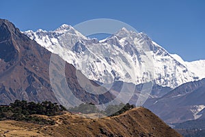 Everest, Nuptse, Lhotse mountain peak in Himalayas mountain range, Khumbu region, Nepal