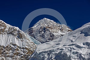 Everest summit and Khumbu glacier in Himalayas