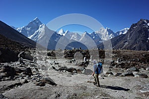 Everest trek, Man hiking in Himalayas with view of Ama Dablam mountain