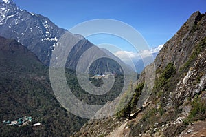 Everest trek, View of Deboche and Tengboche villages from Pangboche - Portse upper trail. Mountains Himalayas