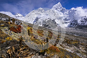 Everest from the way to Kala Pattar. Gorak Shep. During the way to Everest base camp.