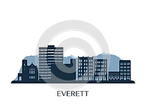 Everett, WA skyline, monochrome silhouette.