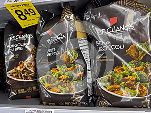 Everett, WA USA - circa August 2022: Angled, selective focus on P. F. Changs freezer meals for sale inside an Albertsons grocery