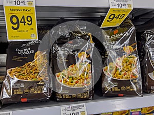 Everett, WA USA - circa August 2022: Angled, selective focus on P. F. Changs freezer meals for sale inside an Albertsons grocery