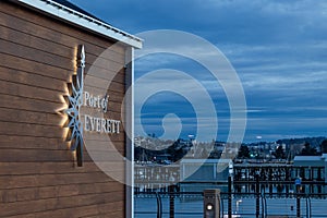 Port of Everett Building at the waterfront dock at Sunset