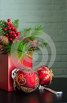 Evergreen, Berries, And Decorative Christmas Balls