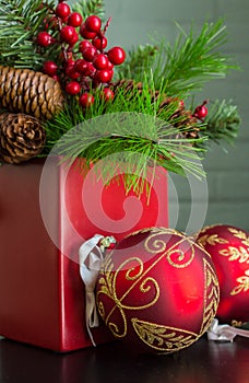 Evergreen, Berries, And Decorative Christmas Balls, Close