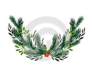 Evergreen Branches of Coniferous Tree and Mistletoe Arranged in Semicircular Vector Composition