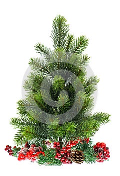 Evergreen christmas tree with red decoraton photo