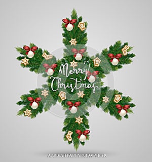 Evergreen Christmas Wreath in Form of Snowflake