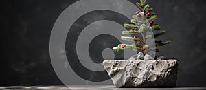 Evergreen conifer plant in rock pot on table as natural Christmas landscape