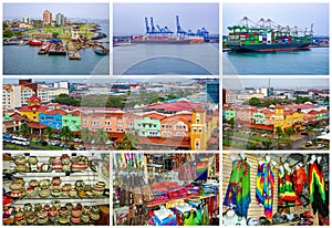 Evergreen container ship with full of cargo docked in port